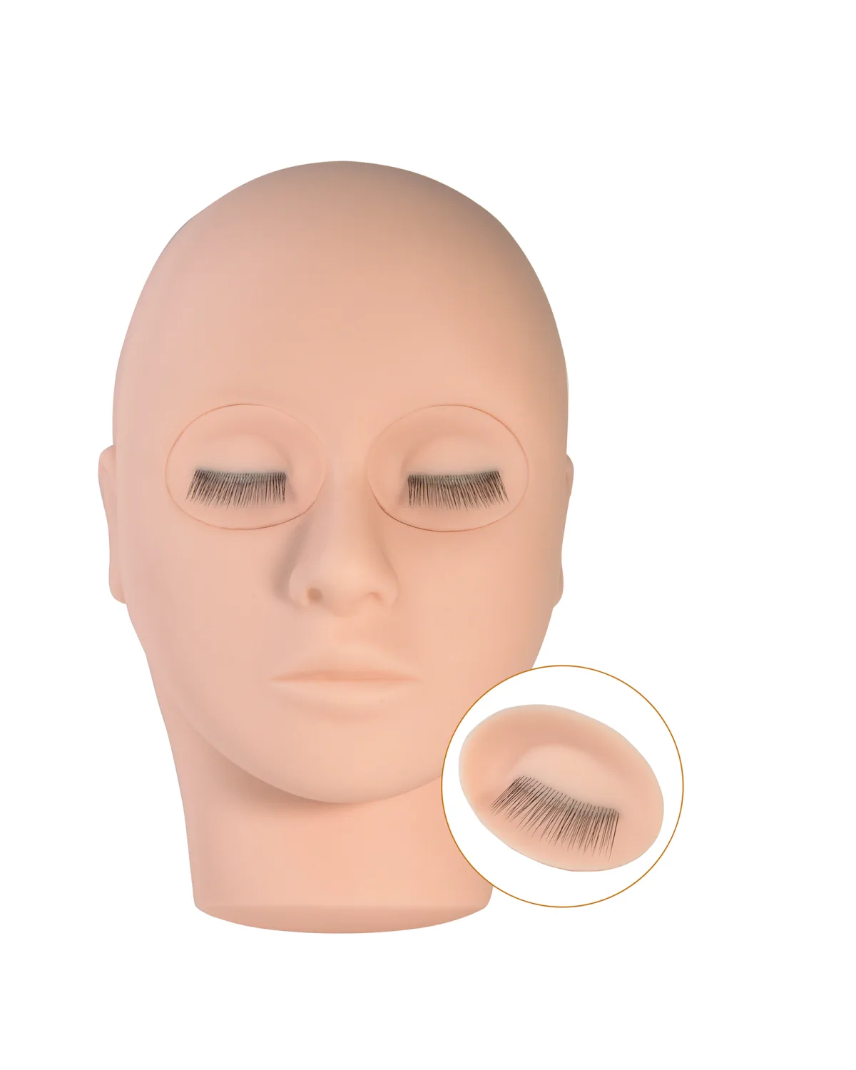 LashPlus 3-layer silicone lash training head, front view with lashed eye modules